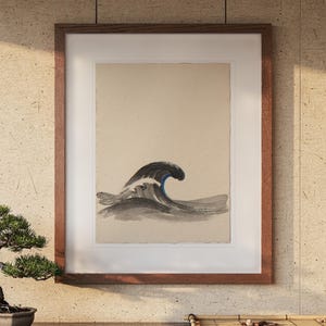 Curling Wave Ink Style print in a Red Oak frame with a white mat, hanging above the cabinet in a tea room.