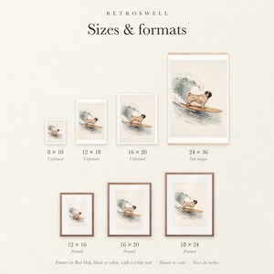 Sizes and formats for Pug Surfing, shown to scale: unframed prints, oak hanger and framed prints.