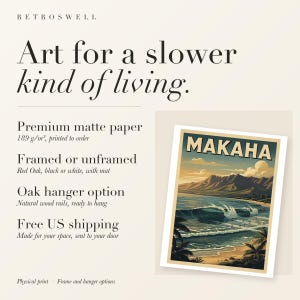 RetroSwell print details for Makaha Surf: premium 189 g/m² matte paper, framed or unframed, oak hanger option, free US shipping.