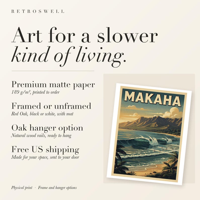 RetroSwell print details for Makaha Surf: premium 189 g/m² matte paper, framed or unframed, oak hanger option, free US shipping.