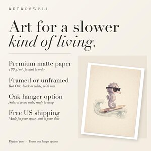 RetroSwell print details for Seahorse Surfing: premium 189 g/m² matte paper, framed or unframed, oak hanger option, free US shipping.