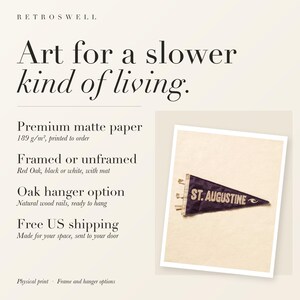RetroSwell print details for St. Augustine Surf Pennant: premium 189 g/m² matte paper, framed or unframed, oak hanger option, free US shipping.