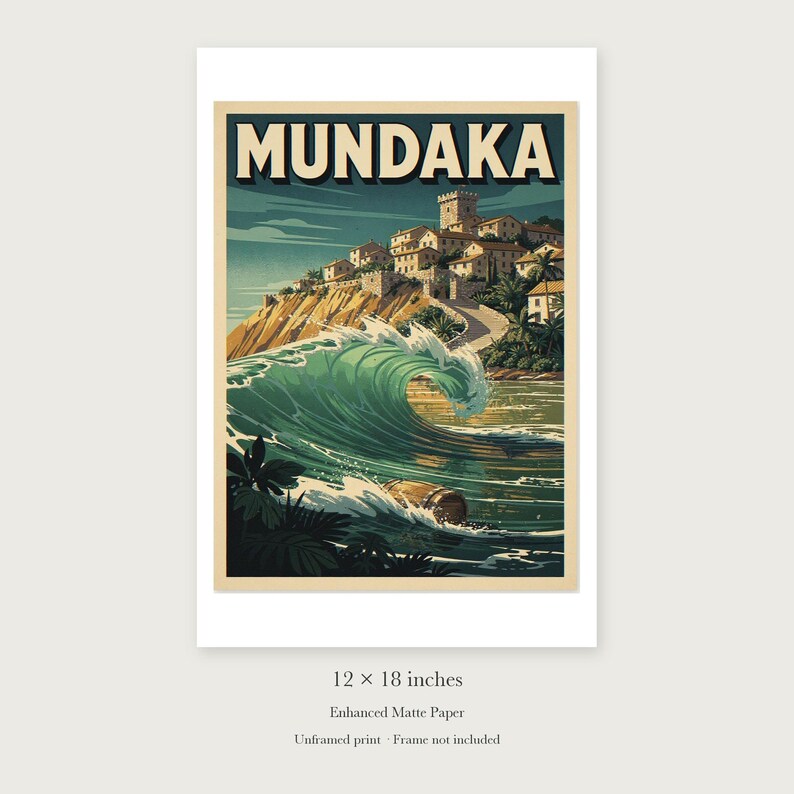 Mundaka Spain Surf unframed 12 by 18 inch print on enhanced matte paper, shown with its white paper border.