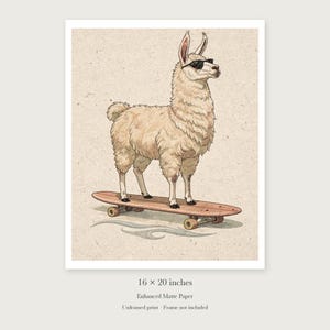 Llama on a Longboard unframed 16 by 20 inch print on enhanced matte paper, shown with its white paper border.