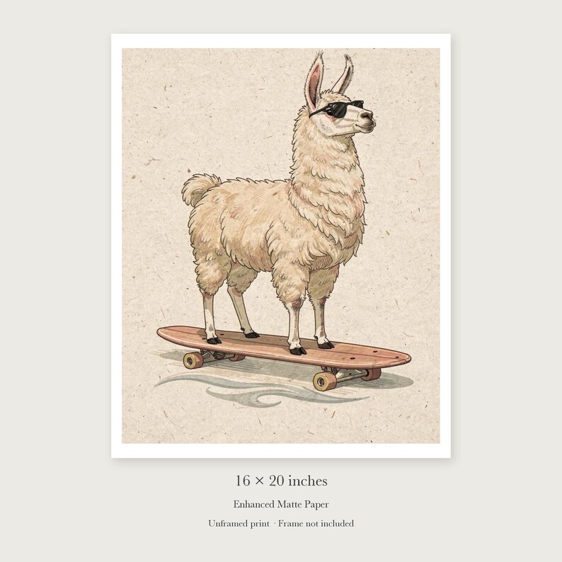 Llama on a Longboard unframed 16 by 20 inch print on enhanced matte paper, shown with its white paper border.