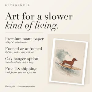 Stampa artistica di un bassotto surfista, con o senza cornice. Poster in stile acquerello con cane. immagine 11
