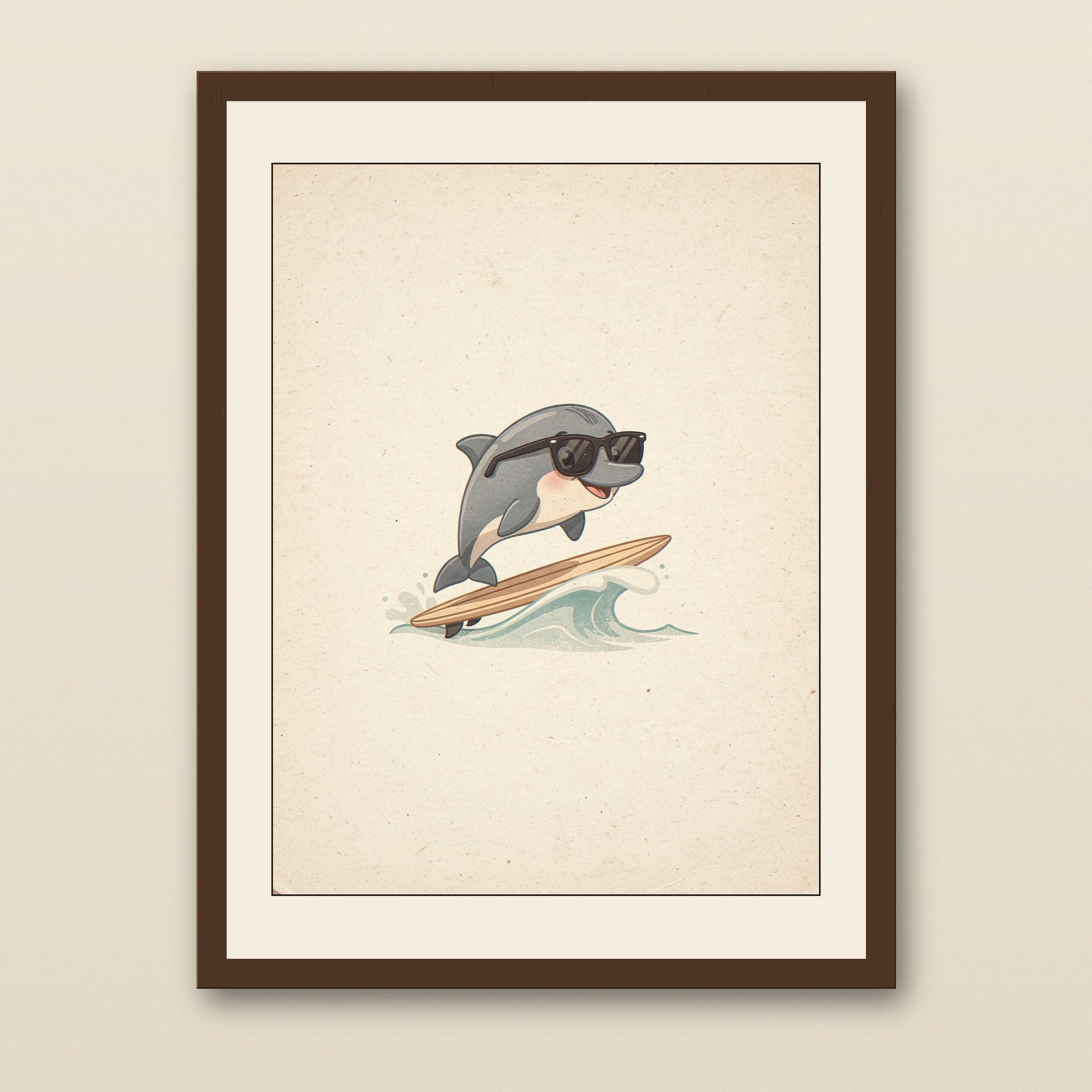 Dolphin Surfing Art Print - walnut framed art print with cream mat on plaster wall