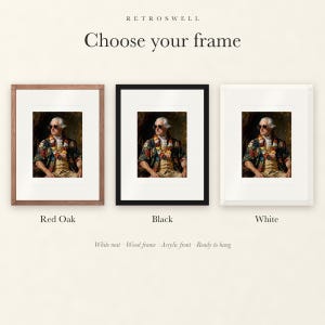 Frame options for John Adams: Red Oak, black and white wood frames, each with a white mat.