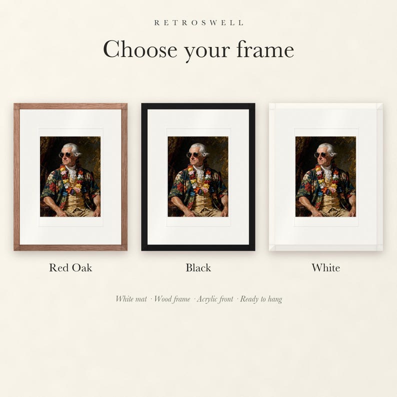 Frame options for John Adams: Red Oak, black and white wood frames, each with a white mat.