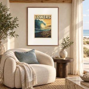 Lowers Trestles Surf print in a Red Oak frame with a white mat in a light-filled coastal sitting room.