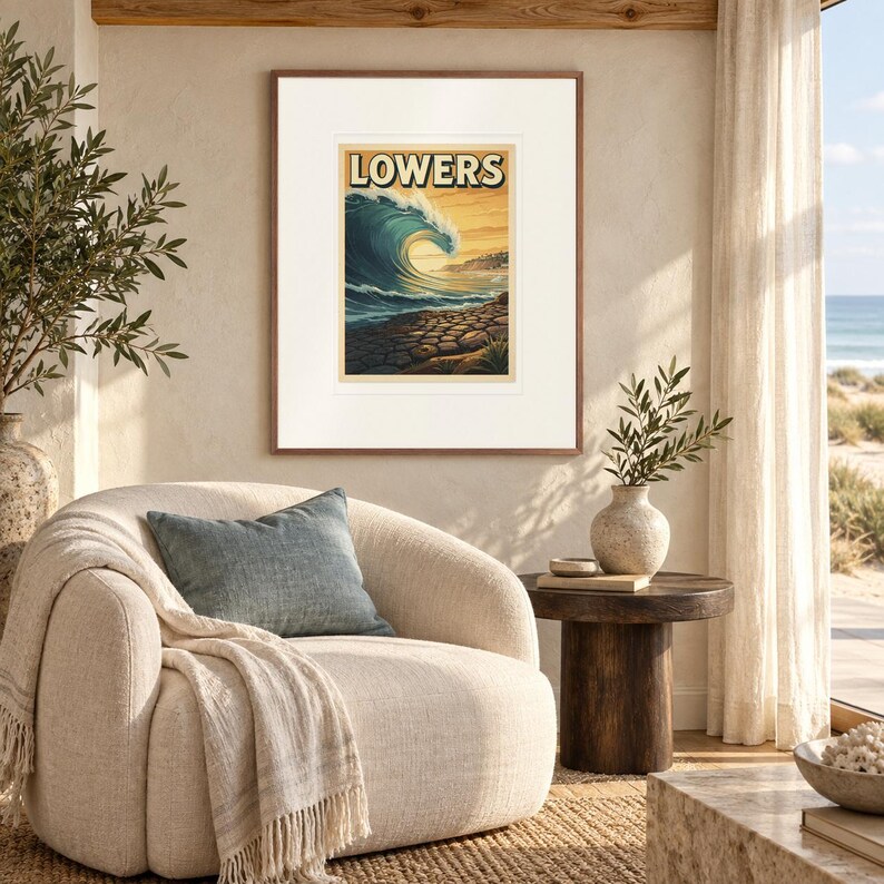 Lowers Trestles Surf print in a Red Oak frame with a white mat in a light-filled coastal sitting room.