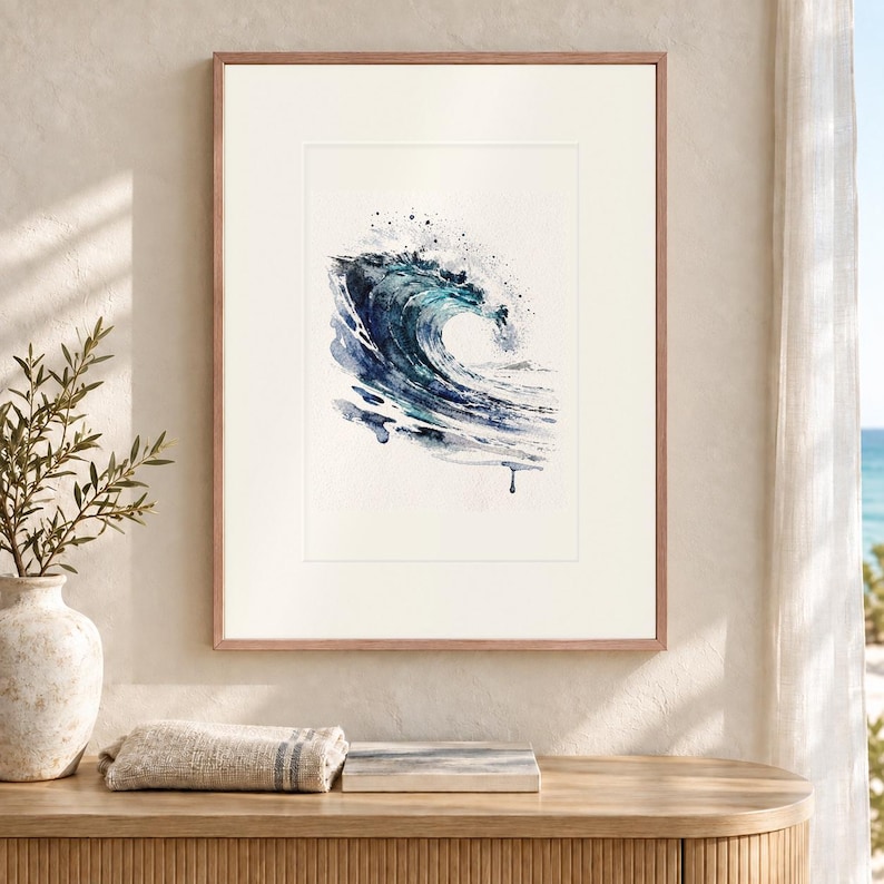 Glass Curl Wave Watercolor Art Print, Framed or Unframed Coastal Ocean Poster image 12