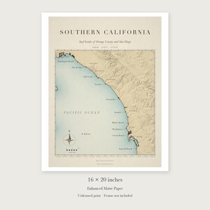 Southern California Surf Map unframed 16 by 20 inch print on enhanced matte paper, shown with its white paper border.