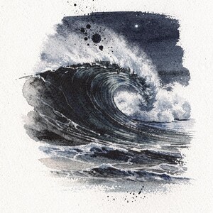 Moonlit Wave Watercolor Print, Night Ocean Wall Art, Indigo Coastal Decor, Moon Wave Painting, Printable Wall Art Digital Download image 2