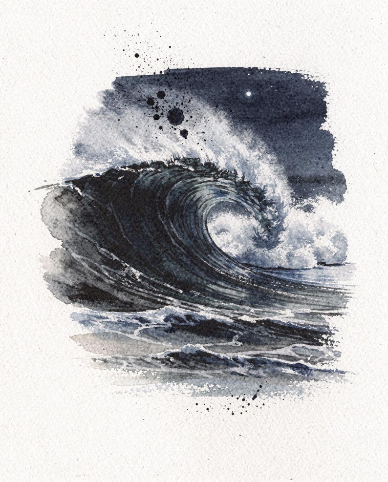 Moonlit Wave Watercolor Print, Night Ocean Wall Art, Indigo Coastal Decor, Moon Wave Painting, Printable Wall Art Digital Download image 2