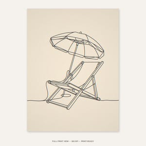 Boho Beach Chair and Umbrella Line Art - full unframed print view, 300 DPI print-ready quality