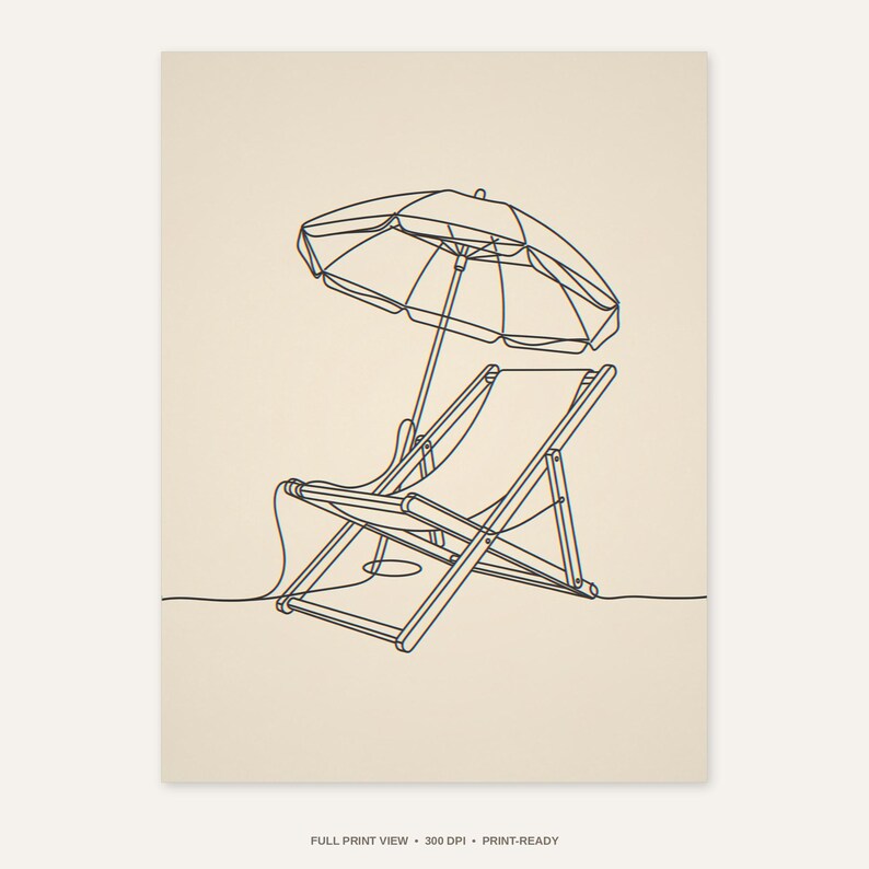 Boho Beach Chair and Umbrella Line Art - full unframed print view, 300 DPI print-ready quality
