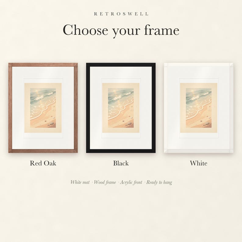 Frame options for Ocean Waves: Red Oak, black and white wood frames, each with a white mat.