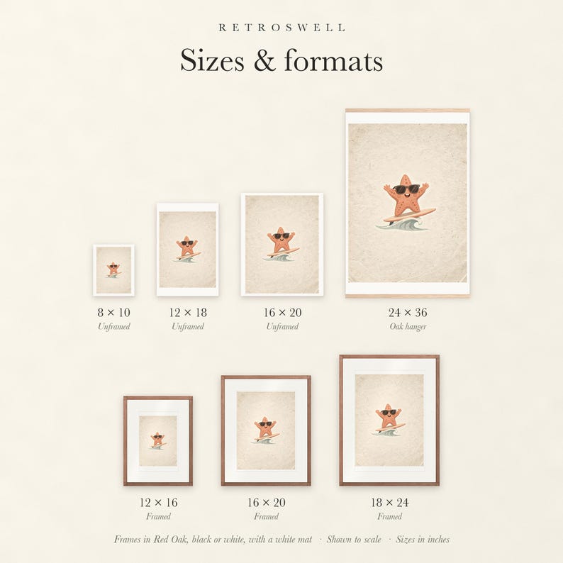 Sizes and formats for Surfing Starfish, shown to scale: unframed prints, oak hanger and framed prints.