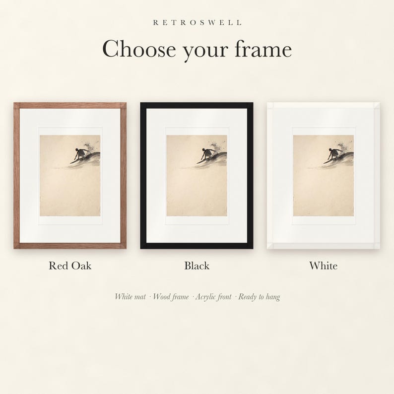 Frame options for Surfer Cutback Ink Style: Red Oak, black and white wood frames, each with a white mat.