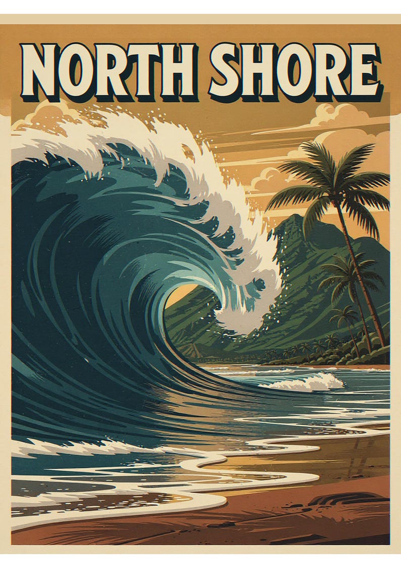 North Shore coastal scene unframed printed artwork and full composition with its paper border.