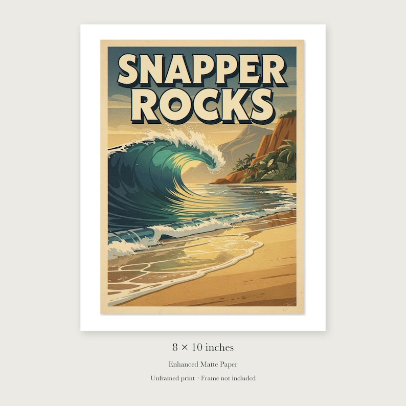 Snapper Rocks Surf unframed 8 by 10 inch print on enhanced matte paper, shown with its white paper border.