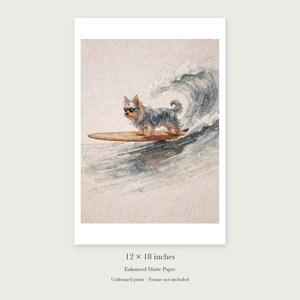 Yorkshire Terrier Surfing unframed 12 by 18 inch print on enhanced matte paper, shown with its white paper border.
