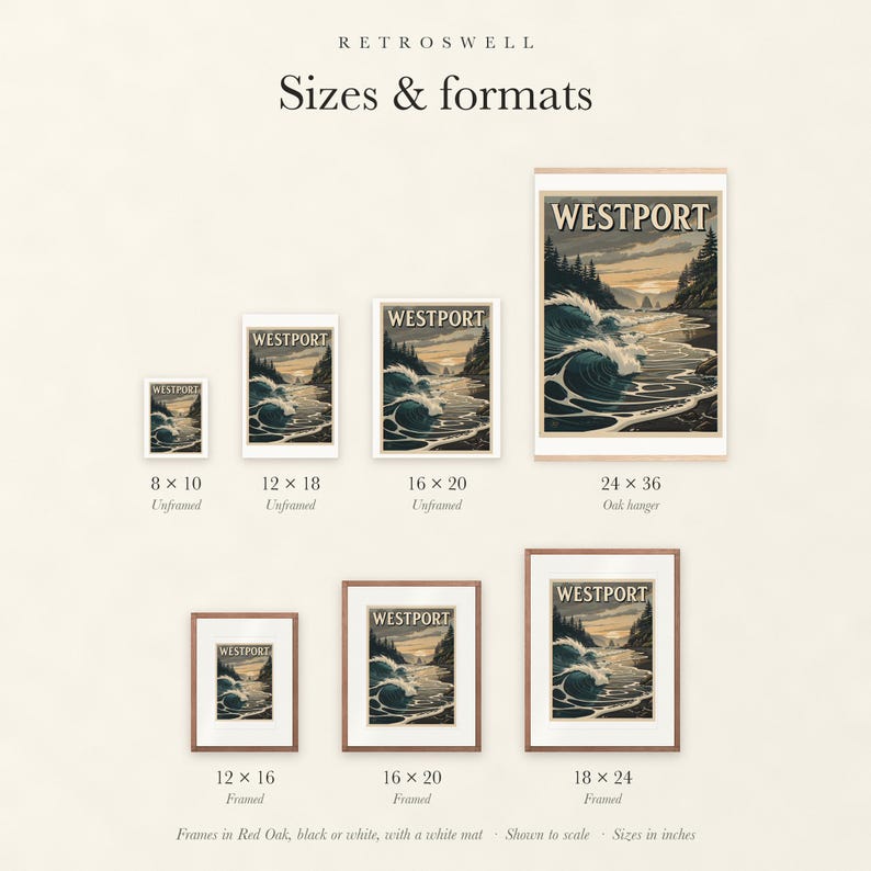 Sizes and formats for Westport Surf, shown to scale: unframed prints, oak hanger and framed prints.