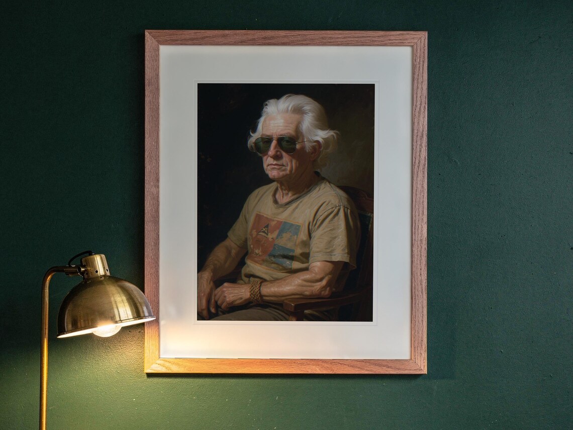 Thomas Jefferson print in a Red Oak frame with a white mat, hanging above the desk in a green study.