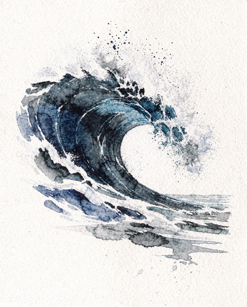 Watercolor Wave Art Set of 6, Indigo Ocean Gallery Wall Prints, Navy Coastal Beach House Decor, Printable Wall Art Digital Download image 3