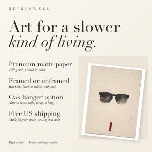 RetroSwell print details for Sunglasses Ink Style: premium 189 g/m² matte paper, framed or unframed, oak hanger option, free US shipping.
