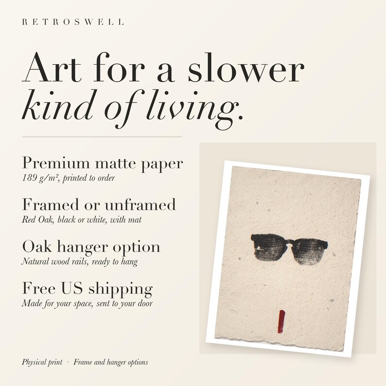 RetroSwell print details for Sunglasses Ink Style: premium 189 g/m² matte paper, framed or unframed, oak hanger option, free US shipping.