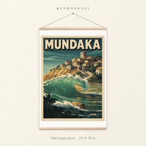 Mundaka Spain Surf oak hanger poster, 24 by 36 inches, with natural wood rails and a hanging cord.