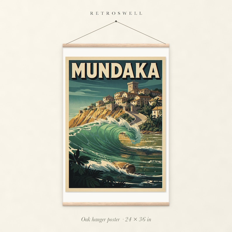 Mundaka Spain Surf oak hanger poster, 24 by 36 inches, with natural wood rails and a hanging cord.