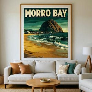 Morro Bay California Surf Poster framed in a beach-style living room setting