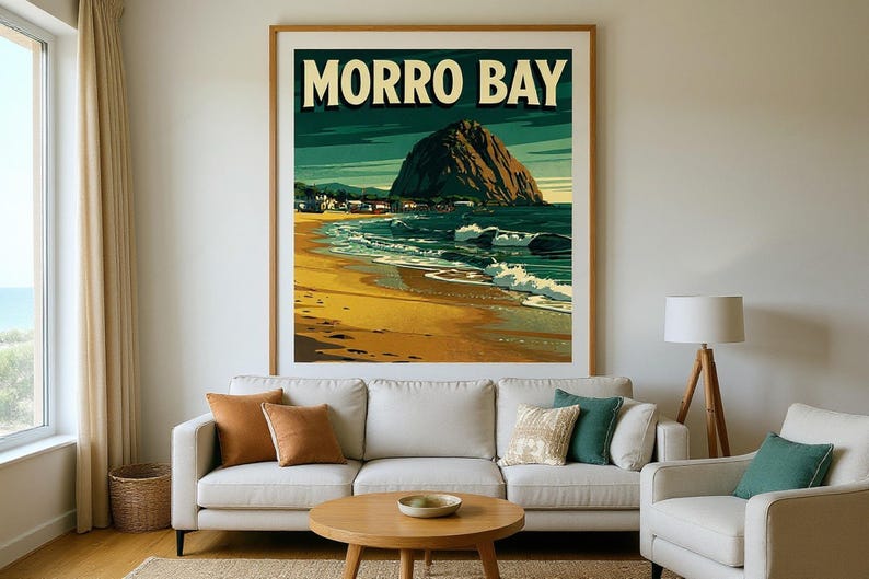 Morro Bay California Surf Poster framed in a beach-style living room setting