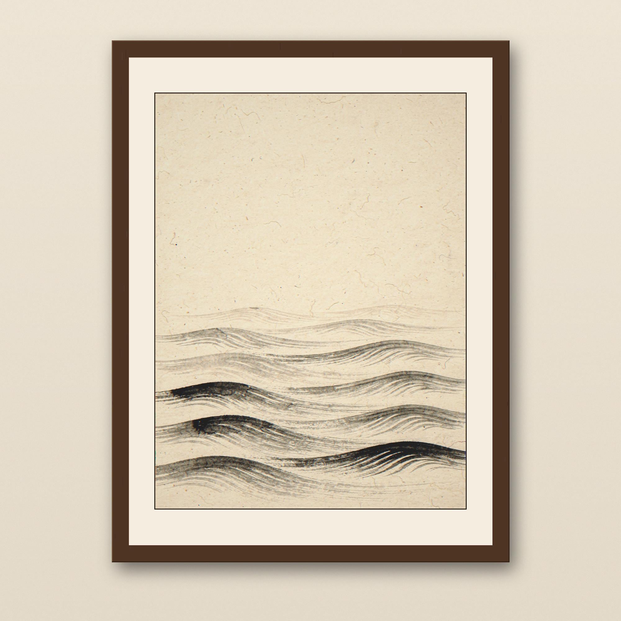 Sumi-e Seven Waves Print - walnut framed art print with cream mat on plaster wall