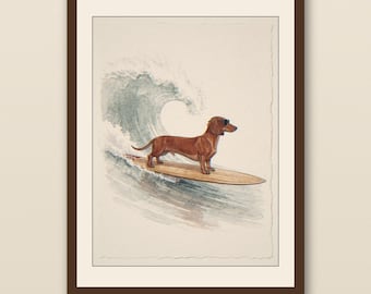 Dachshund Surfing Print | Watercolor Dog Wall Art | Printable Coastal Decor | Beach House Art | Funny Dog Lover Gift