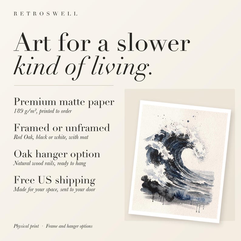 RetroSwell print details for Storm Wave Watercolor: premium 189 g/m² matte paper, framed or unframed, oak hanger option, free US shipping.