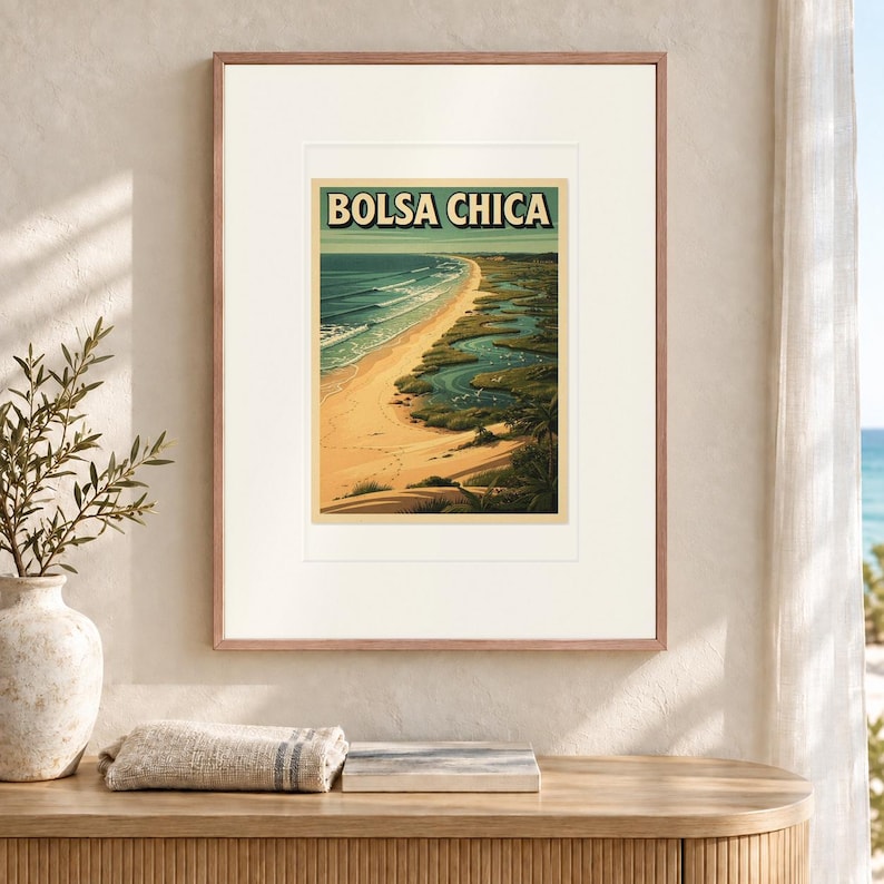Póster de viaje de surf de Bolsa Chica, enmarcado o sin enmarcar, estilo costero vintage. imagen 12
