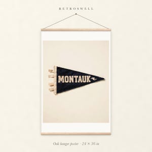 Montauk Surf Pennant oak hanger poster, 24 by 36 inches, with natural wood rails and a hanging cord.