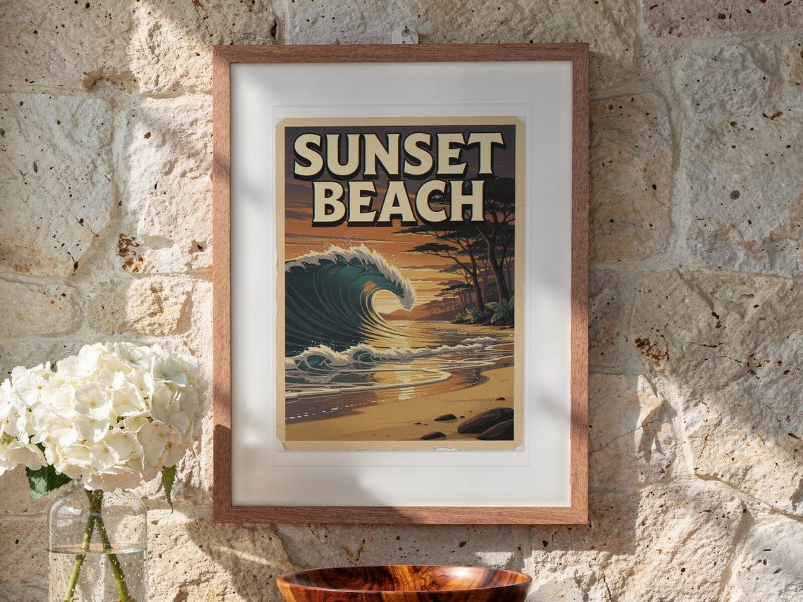 Sunset Beach Hawaii Surf Travel Poster print in a Red Oak frame with a white mat, hanging above the table in a sunroom.