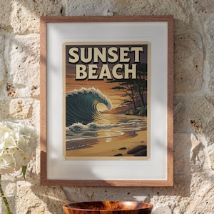 Sunset Beach Hawaii Surf Travel Poster print in a Red Oak frame with a white mat, hanging above the table in a sunroom.