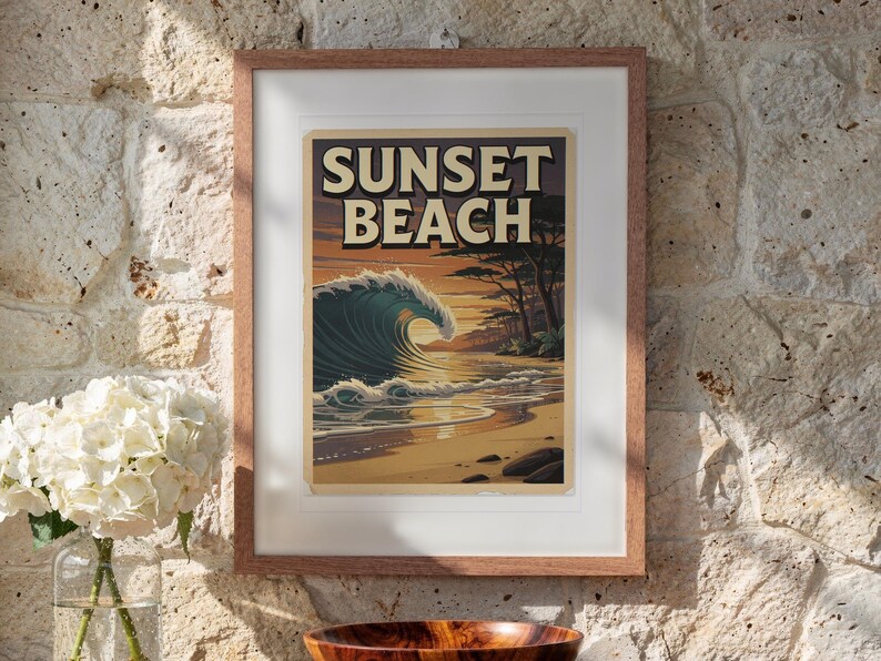 Sunset Beach Hawaii Surf Travel Poster print in a Red Oak frame with a white mat, hanging above the table in a sunroom.