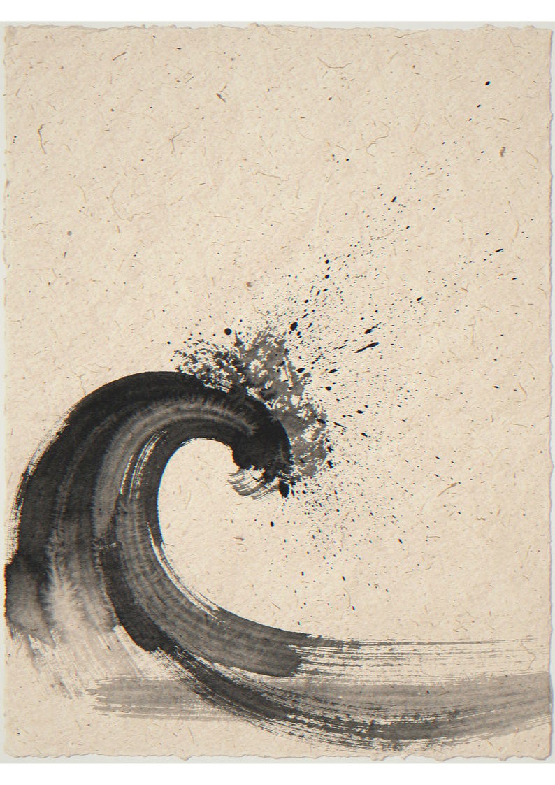Curling wave unframed printed artwork and full composition with its paper border.
