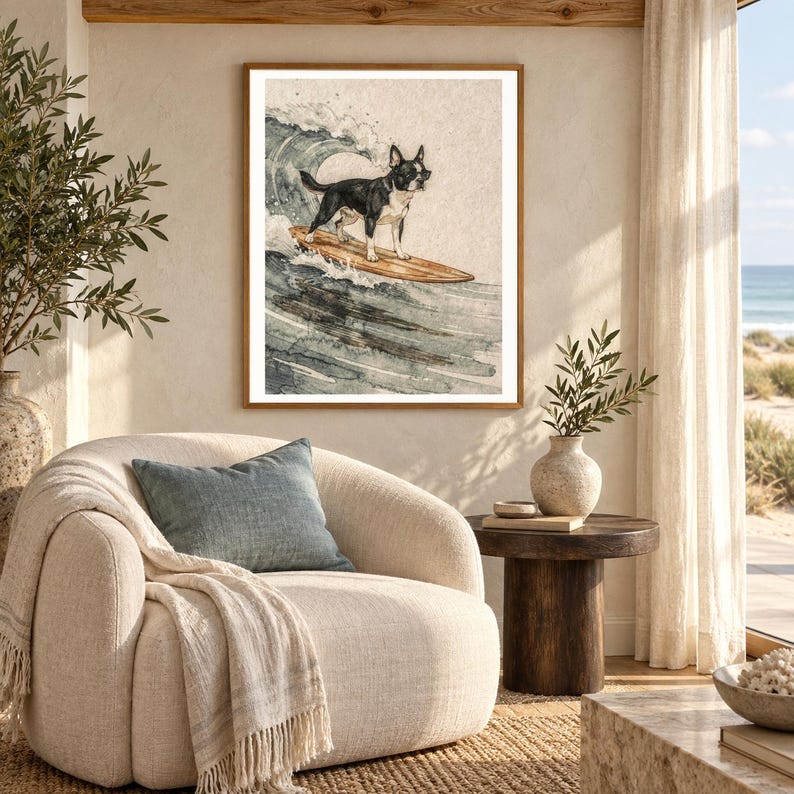 Boston Terrier Surfing Art Print | Watercolor Dog Wall Art (Digital Download) image 5
