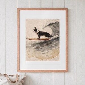 Black and White Surfing Dog Art Print, Framed or Unframed Coastal Poster image 13