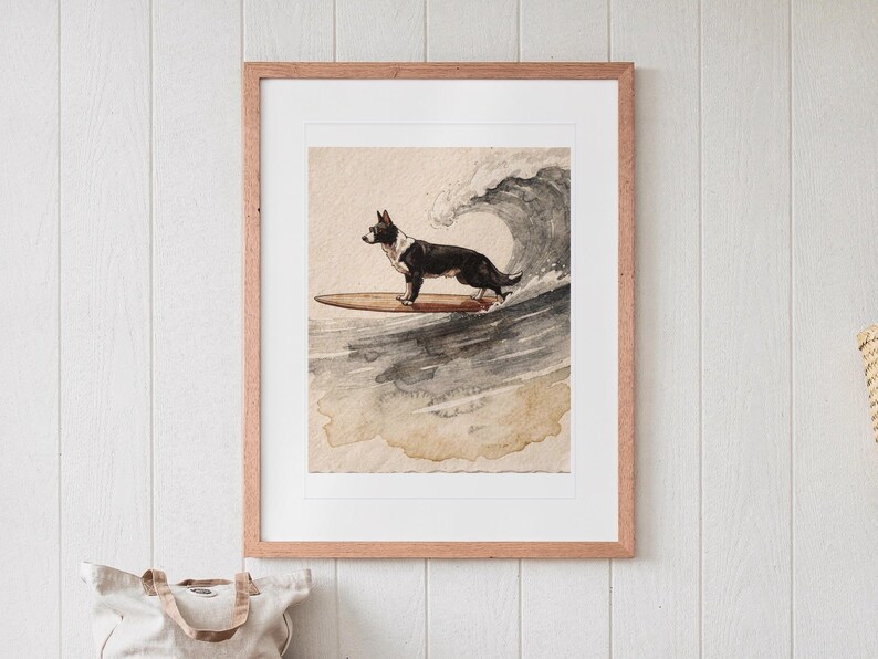 Black and White Surfing Dog Art Print, Framed or Unframed Coastal Poster image 13