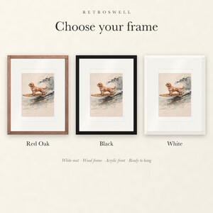 Frame options for Goldendoodle Surfing: Red Oak, black and white wood frames, each with a white mat.
