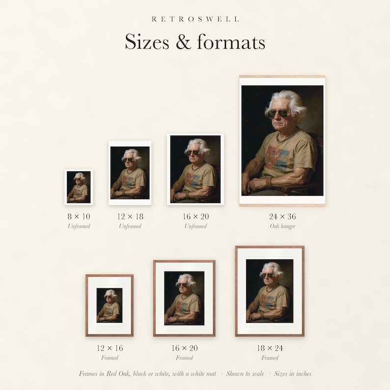Sizes and formats for Thomas Jefferson, shown to scale: unframed prints, oak hanger and framed prints.